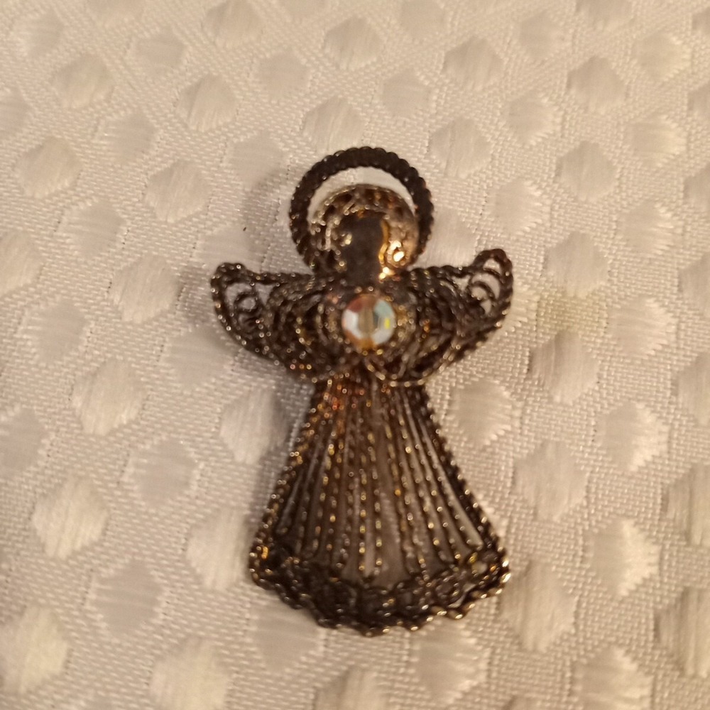 Vintage Silver Tone Aurora Borealis Rhinestone Angel Pin Brooch 1.25"tx.75"